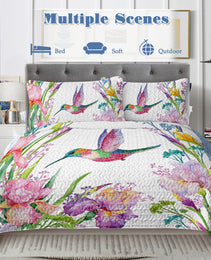 Watercolor Hummingbird Flowers Pattern Quilt Set -1 Quilt, 2 Shams