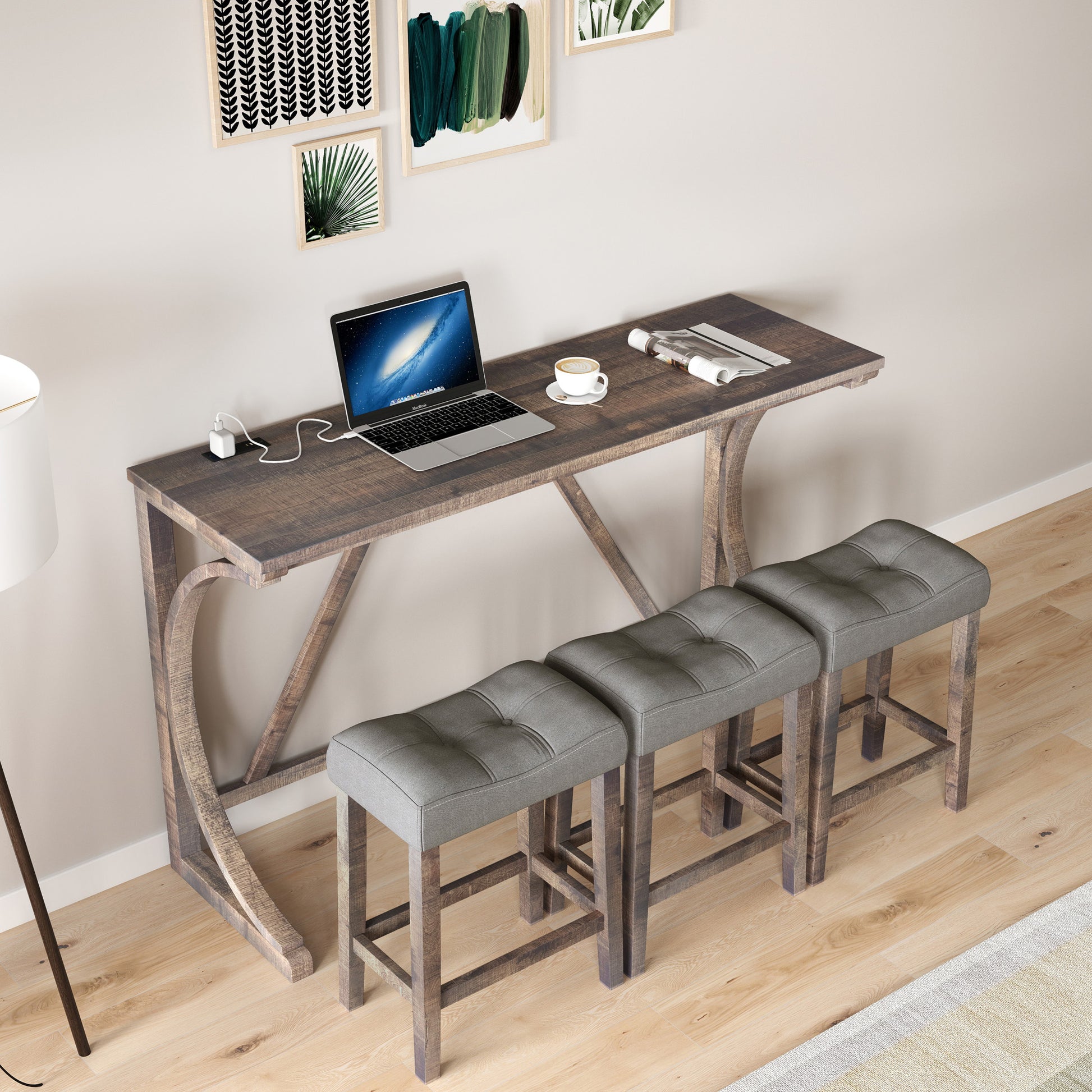 Bar Table Set With Power Outlet, Bar Table And Chairs Set, 4 Piece Dining Table Set, Industrial Breakfast Table Set, For Living Room, Dining Room, Game Room