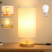 Desk Lamp LED Bulb Included, Small Bedside Table Lamp Plug-In - Classic Wood Base with Flaxen Fabric Shade, Lamps for Night Stands, Simple Nightstand Light for Bedroom, Office, Desk