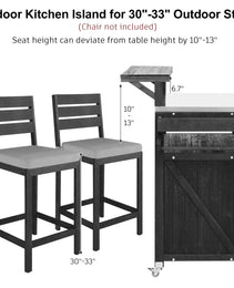 K&K 53.3  Outdoor Kitchen Island With Raised Shelf, Solid Wood Storage Cabinet With Stainless Steel Top, Outdoor Rolling Grill Cart With Internal Storage Rack, Adjustable Shelf, Spice Rack, Black