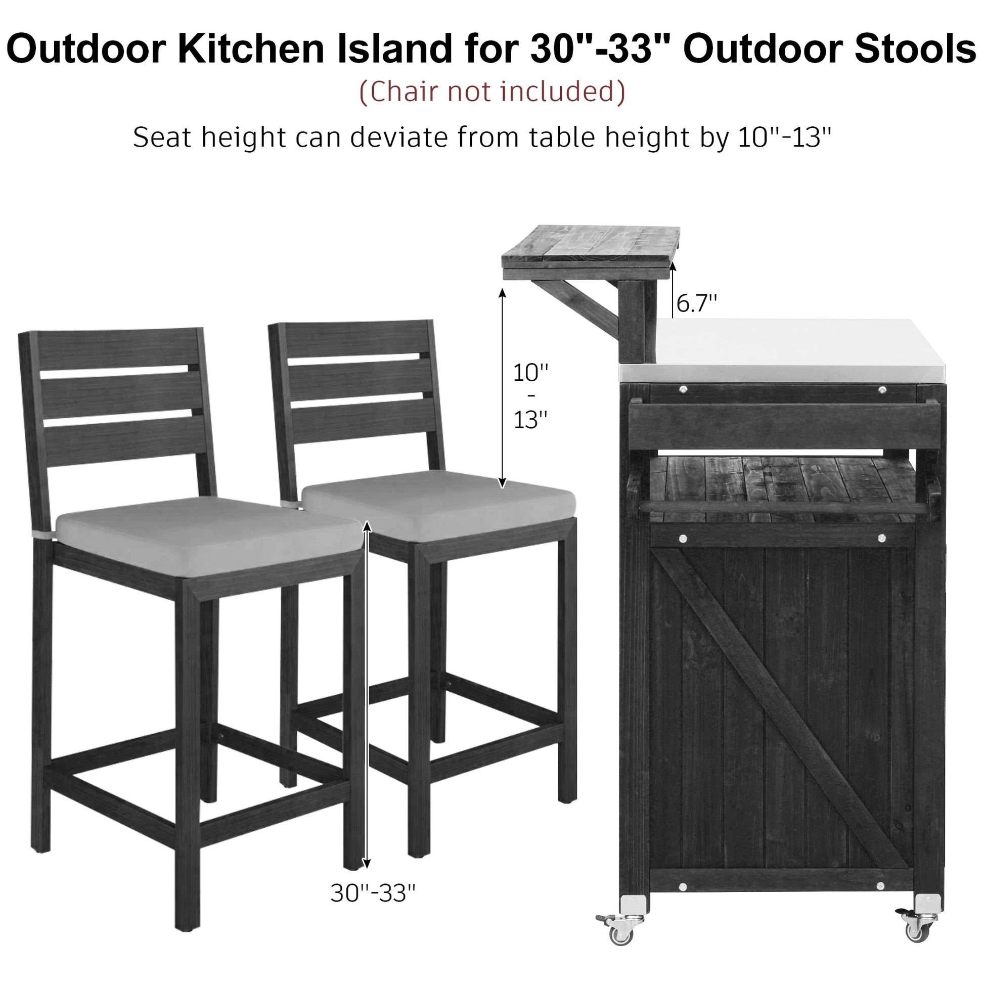 K&K 53.3  Outdoor Kitchen Island With Raised Shelf, Solid Wood Storage Cabinet With Stainless Steel Top, Outdoor Rolling Grill Cart With Internal Storage Rack, Adjustable Shelf, Spice Rack, Black