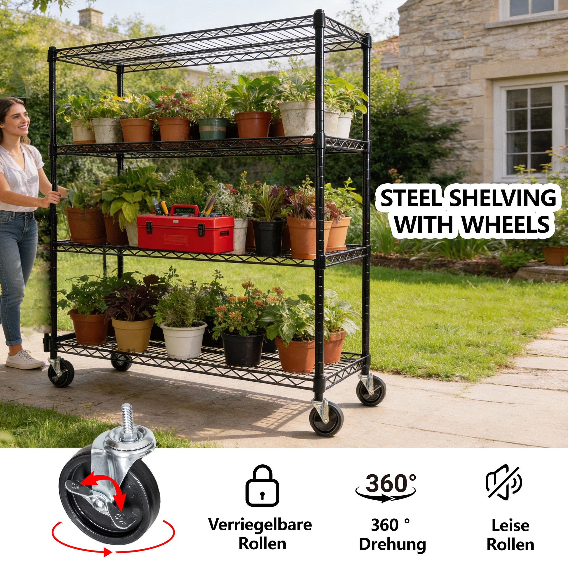55.5  W X 24  D X 80  H Heavy Duty Wire Storage Shelves With Wheels  4 Tier Adjustable  2400 Lbs Capacity  Garage Shelving Unit  Rolling Industrial Storage  Black