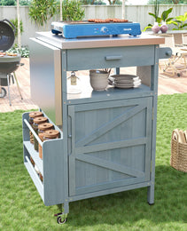 K&K 40.5  Outdoor Grill Cart With Stainless Steel Top, Solid Wood Outdoor Storage Cabinet With Drop Leaf, One Drawer, Towel Rack, Rolling Kitchen Cart With Lockable Wheels For Lawn Garden, Blue Grey