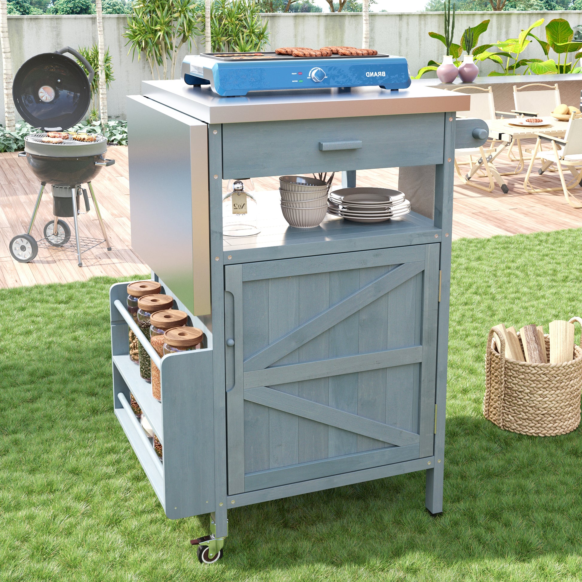 K&K 40.5  Outdoor Grill Cart With Stainless Steel Top, Solid Wood Outdoor Storage Cabinet With Drop Leaf, One Drawer, Towel Rack, Rolling Kitchen Cart With Lockable Wheels For Lawn Garden, Blue Grey