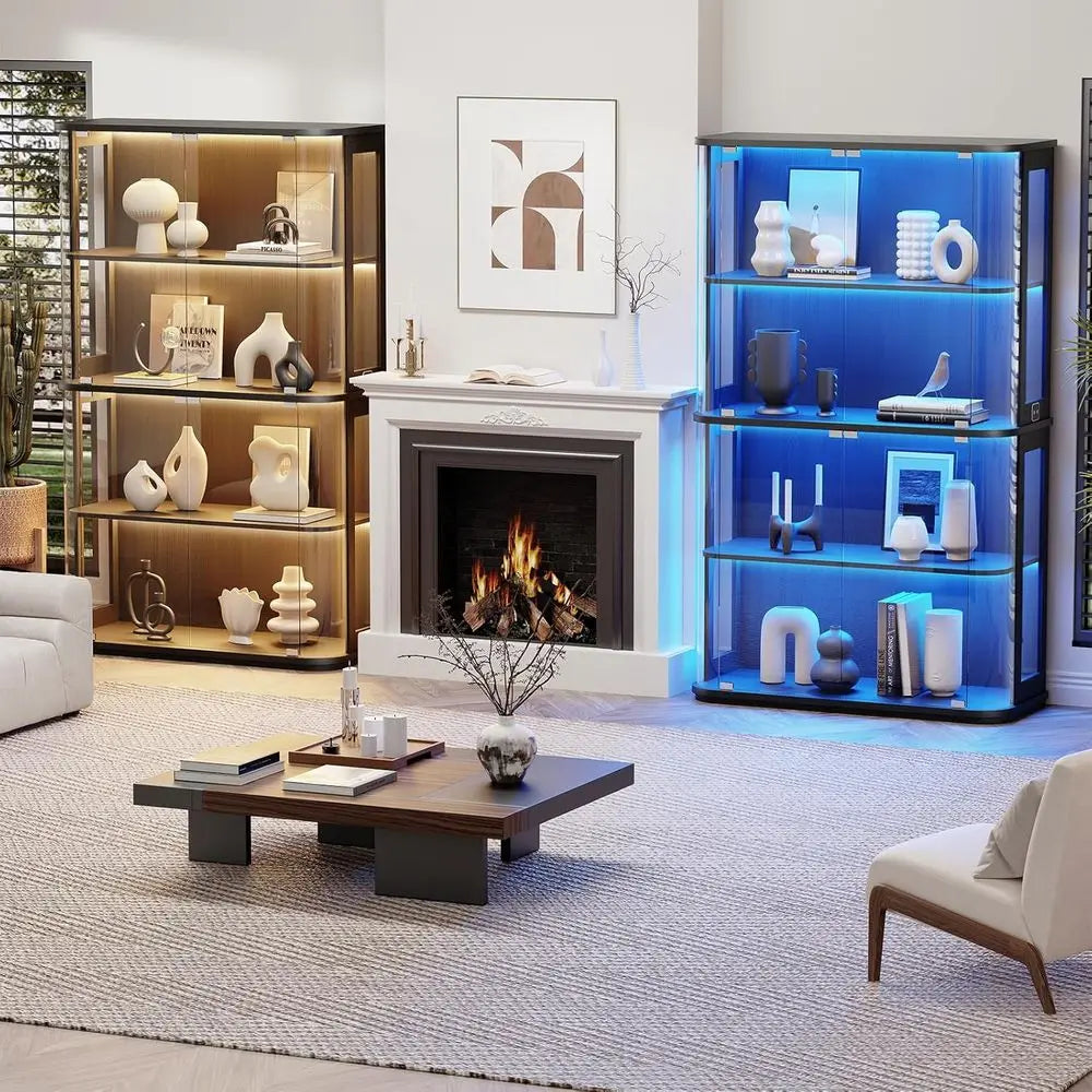 Large Rounded Display Cabinet with Glass Door, 4-Tier Curio Cabinet with 3 Color Lights or Collectibles, Glass Display Case with