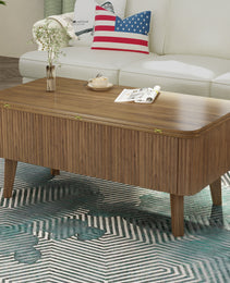 3 In 1 Lift Top Coffee Table, Fluted Convertible Coffee Tables Converts To Dining Tables, Modern Oval Wooden Center Table With Storage For Living Room Office Small Space Walnut