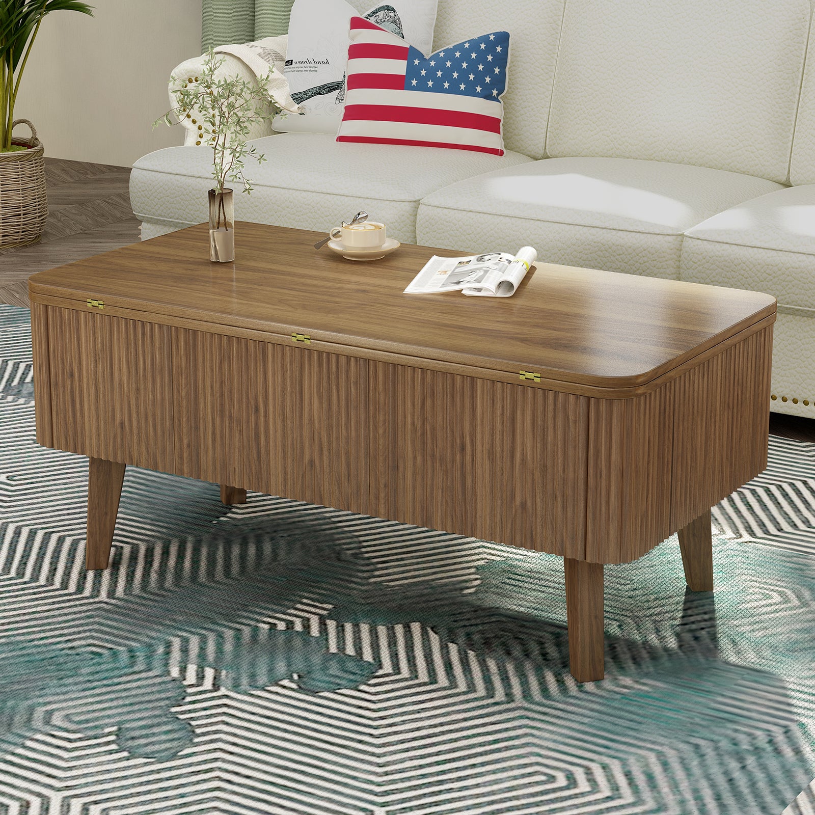 3 In 1 Lift Top Coffee Table, Fluted Convertible Coffee Tables Converts To Dining Tables, Modern Oval Wooden Center Table With Storage For Living Room Office Small Space Walnut