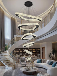 Modern Crystal Chandeliers for High Ceiling 6 Ring Chandelier LED Black Ceiling Lights Fixtures High Ceiling Chandelier for Foyer Staircase Living Room Dining Room 2700K-6000K