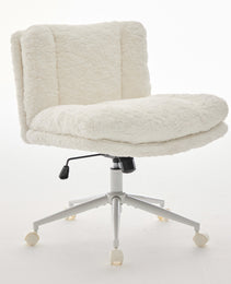 W26.4 Inch Wider Seat Office Chair,Artificial Rabbit Hair Home Office Chair With Metal Base,Adjustable Desk Chair Swivel Office Chair,Vanity ChairCream