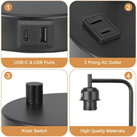 Industrial Bedside Table Lamp for Bedroom - Nightstand Lamps with USB C Charging Port, Fully Dimmable Black Ports and Outlets,