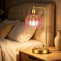 Pink Table Lamp Set of 2,Small Gold Bedside Lamps Dimmable Boho Bedroom Lamp with Tulip Flower Glass Lamp Shade,Vintage Mid Century Modern Mini Nightstand Lamp for Bedroom Living Room