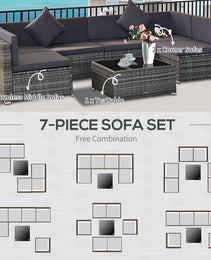 7-Piece Patio Furniture Set, Outdoor Wicker Conversation Set, All Weather PE Rattan Sectional Sofa Set with Cushions and Tempered Glass Top Coffee Table, Pillows, Gray