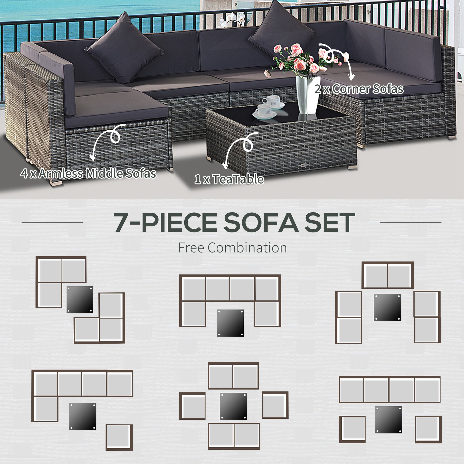 7-Piece Patio Furniture Set, Outdoor Wicker Conversation Set, All Weather PE Rattan Sectional Sofa Set with Cushions and Tempered Glass Top Coffee Table, Pillows, Gray