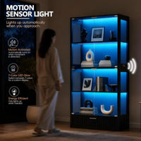 66 Display Cabinet with Glass Doors for Living Room, MDF Wood in Matte Black, 7-Color LED Lights and Fluted Drawer
