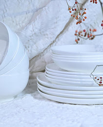 Lily Bone China Dinnerware Set, 16 Pieces, Service For 4, White Plates, Dishes, Bowls Set, Microwave And Dishwasher Safe