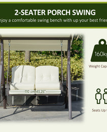2-Person Patio Swing Bench with Adjustable Shade Canopy, Soft Cushions, Throw Pillows and Tray, Beige.