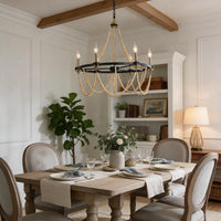 Black Beaded Chandelier Boho Ceiling Light Fixture, Candle Wagon Wheel Chandeliers with 6-Light,Modern Farmhouse Hanging Lighting with Wooden Bead Pendants for Dining Room, 28 Inch