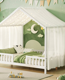Montessori Floor Bed With Canopy, Full Bed Frame For Kids, House Shape Kids Bed Frame With High Railings, Wood Kids Bed With Roof, Kid Full Bed, White