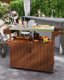 Outdoor Bar Cart With Storage, Stainless Steel Outdoor Bar Table Top, Wheeled HDPE Kitchen Island For Food Prep, Brown