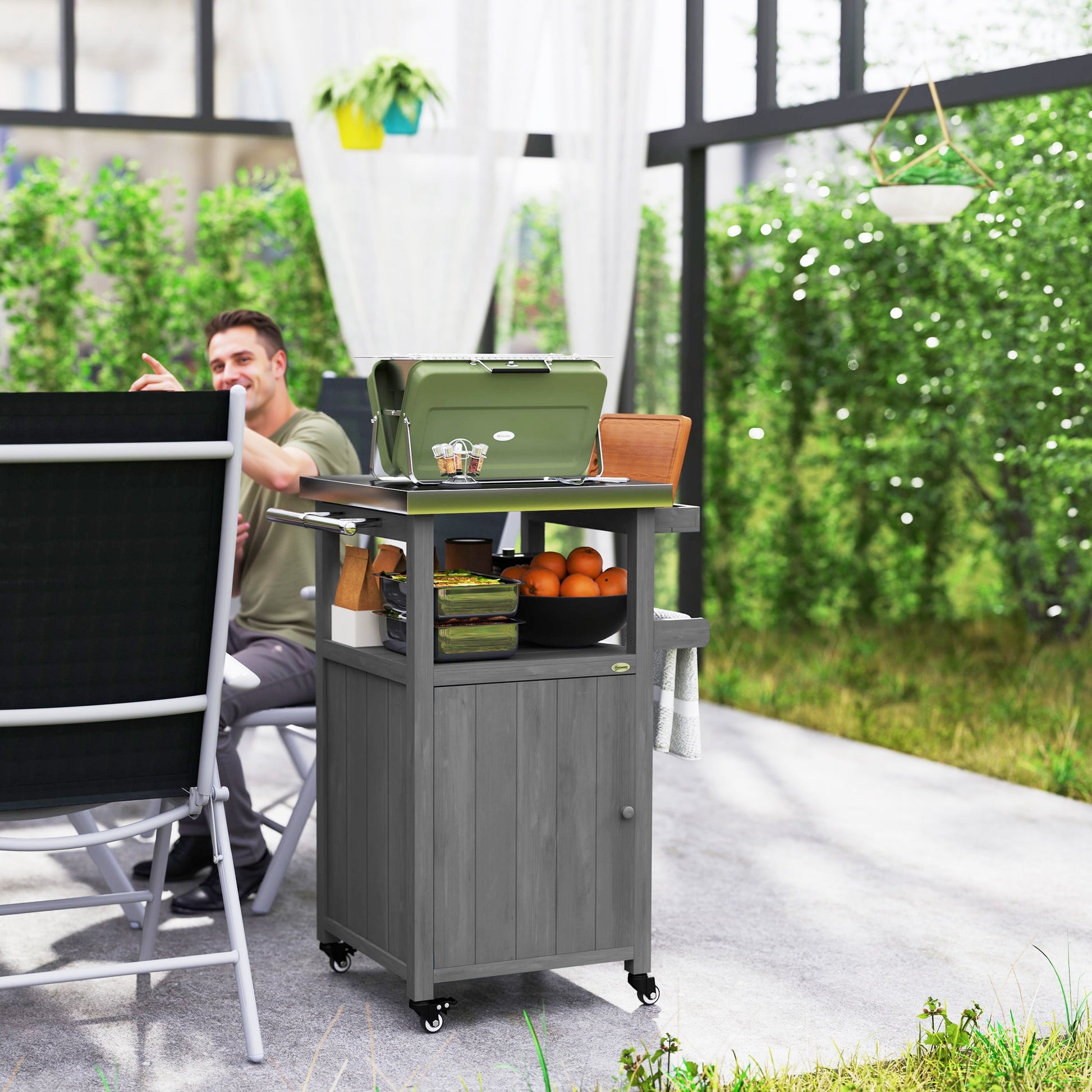 Outdoor Grill Cart with Stainless Steel Top, Solid Wood Outdoor Kitchen Island with Wheels, Integrated Hole, Dark Gray