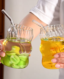 6 Pcs 19 Ounce Glass Straw Cup, Coffee Cup, Milk Cup, Juice Cup, Cold Drink Cup, Tea Cup, Water Cup, Office Cup, Striped Cloud Cup