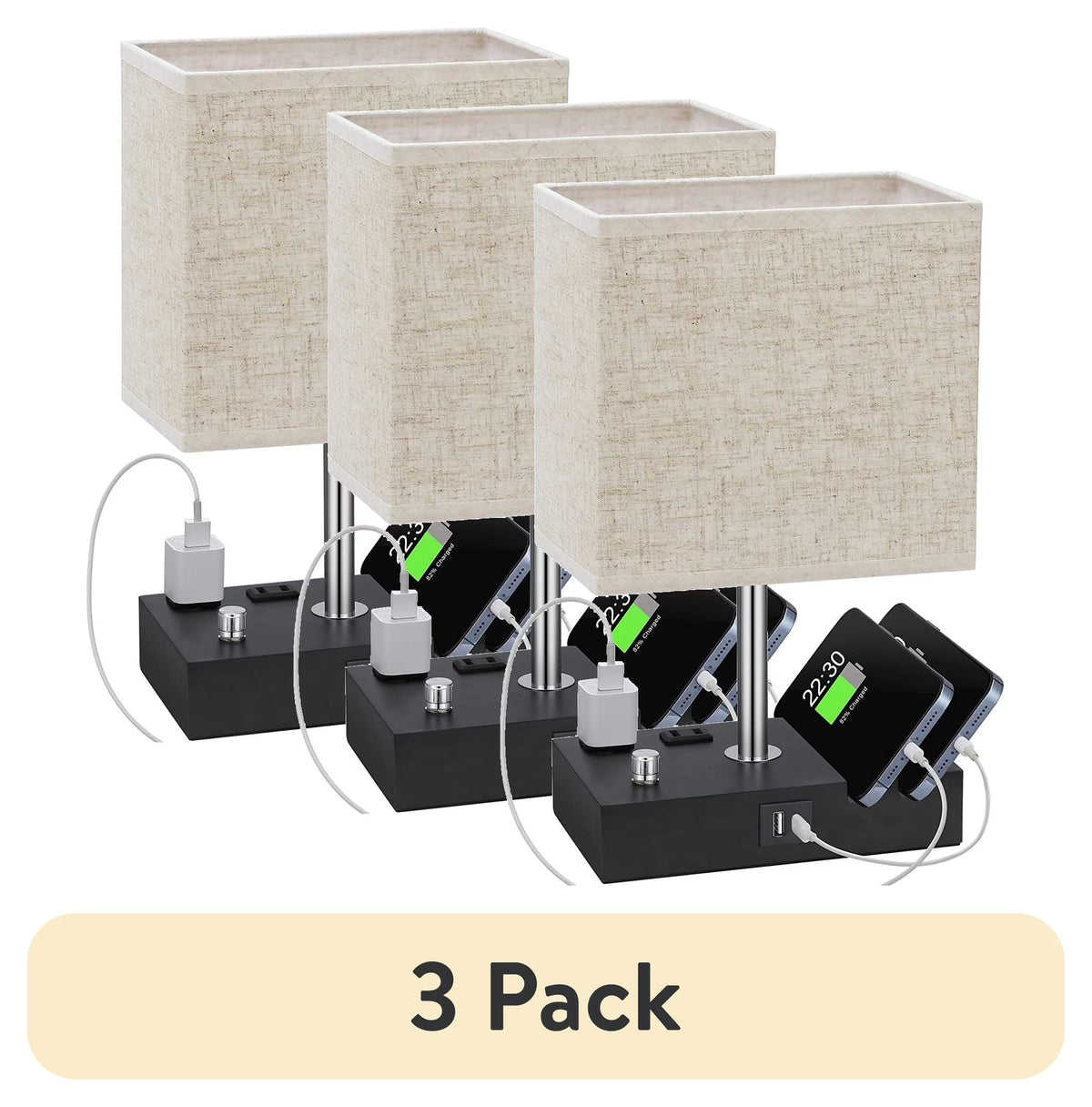 (3 Pack)  Bedside Table Lamp for Bedroom with Dual Fast USB Charging Ports, Fully Dimmable Nightstand Lamps with 2 Phone Stands and 2 Charging Outlets, Desk Lamp with Fabric Shade for Living Room