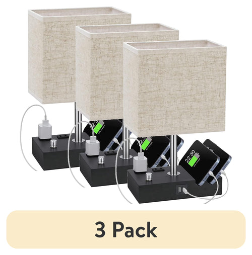 (3 Pack)  Bedside Table Lamp for Bedroom with Dual Fast USB Charging Ports, Fully Dimmable Nightstand Lamps with 2 Phone Stands and 2 Charging Outlets, Desk Lamp with Fabric Shade for Living Room