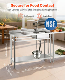 Stainless Steel Utility Sink, Free Standing Single Bowl Commercial Kitchen Sink With Faucet, Utility Left Basin Workbench With Hot & Cold Water Pipe For Garage Restaurant Laundry, 47x19.7x37 In