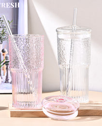 20 Oz 2-pack Purple Glass Straw Cup With Vertical Pattern Cup And Lid, High Borosilicate Heat-resistant Glass Cup For Juice, Milk And Cold Drinks