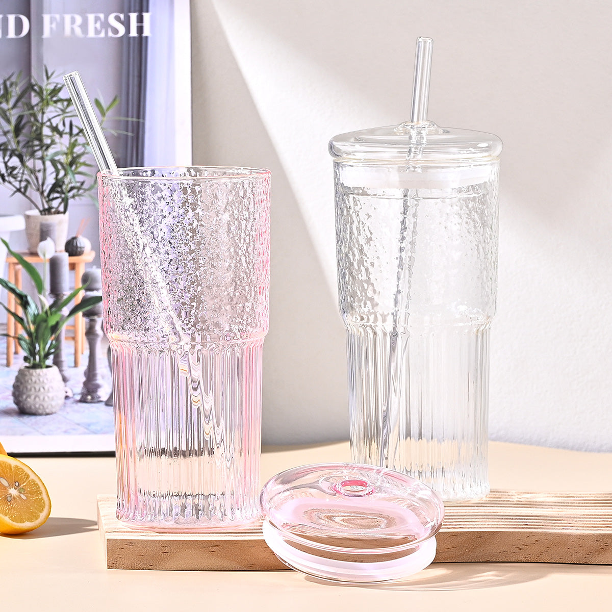 20 Oz 2-pack Purple Glass Straw Cup With Vertical Pattern Cup And Lid, High Borosilicate Heat-resistant Glass Cup For Juice, Milk And Cold Drinks