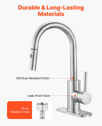 Single Handle Sink Faucet, Brushed Nickel Kitchen Faucet With Pull Down Sprayer, Suitable For Bathroom, RV, Bar Sink, Public Restroom, Stream & Spray Dual Water Flow Modes, Leak-Proof Valve