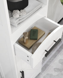 Farmhouse Tall Slim Bathroom Storage Cabinet with Recessed Drawer, Narrow Cabinet with Barn Door, White