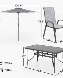 8 Pieces Patio Furniture Set with 9Ft Patio Umbrella, Outdoor Dining Table and Chairs, Mixed Gray