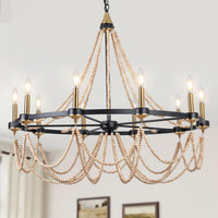 Black Beaded Chandelier Boho Ceiling Light Fixture, Candle Wagon Wheel Chandeliers with 6-Light,Modern Farmhouse Hanging Lighting with Wooden Bead Pendants for Dining Room, 28 Inch