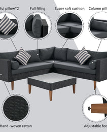 GO 4-pieces Outdoor Wicker Sofa Set, Patio Furniture With Colorful Pillows, L-shape Sofa Set, Gray Cushions And Black Rattan