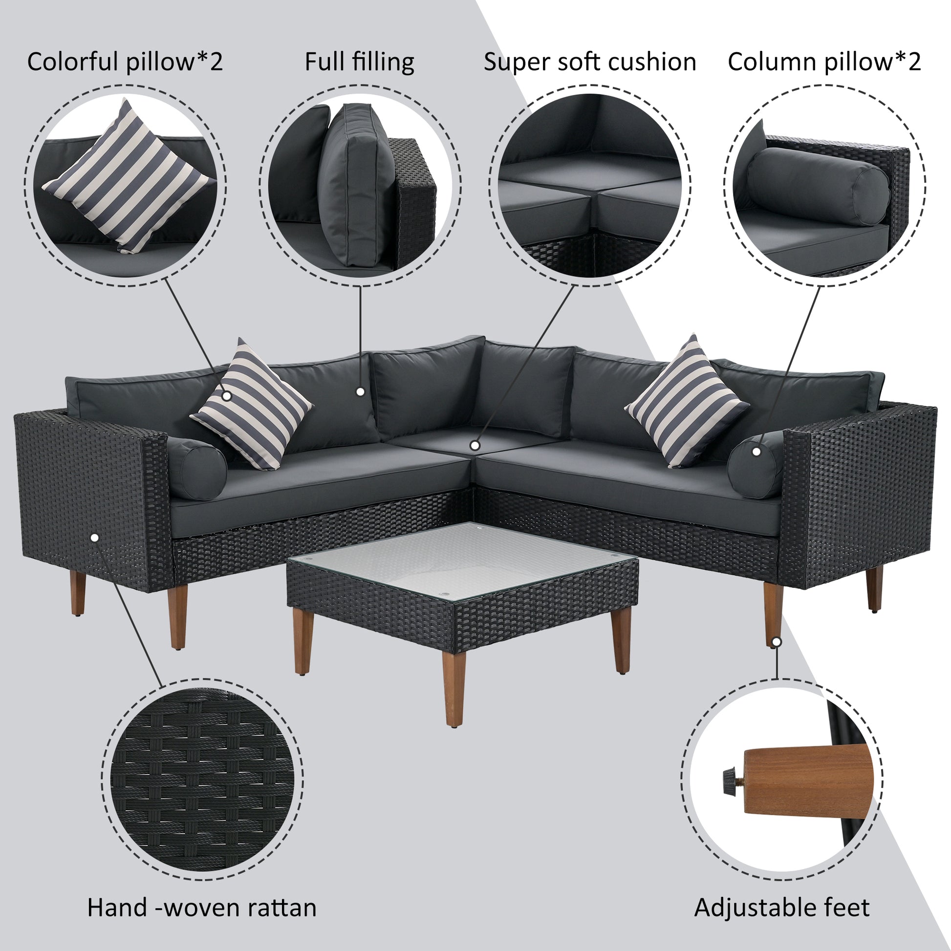 GO 4-pieces Outdoor Wicker Sofa Set, Patio Furniture With Colorful Pillows, L-shape Sofa Set, Gray Cushions And Black Rattan