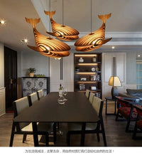 2026 Big Wooden Fish Shaped Pendant Lamp E27 Wood Whale Hanging Light For Kids Room Japanese Sushi Bar Unique Chandelier Design