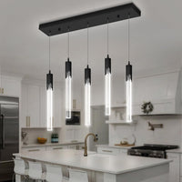 5-Lights Rectangular Pendant Lights for Kitchen Island Black Linear Crystal Chandelier Modern Chandeliers for Kitchen Island Dining Room