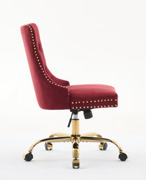 A&A Furniture Office Chair,Modern Velvet Upholstered Tufted Button Home Office Chair With Golden Metal Base,Adjustable Desk Chair Swivel Office Chair Wine Red