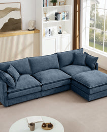 Modular Sectional Sofa, 102 Inch L Shaped Couch Set For Living Room, 3-Seater Comfy Cloud Couches With Movable Ottoman, DIY Combination, Chenille, Blue