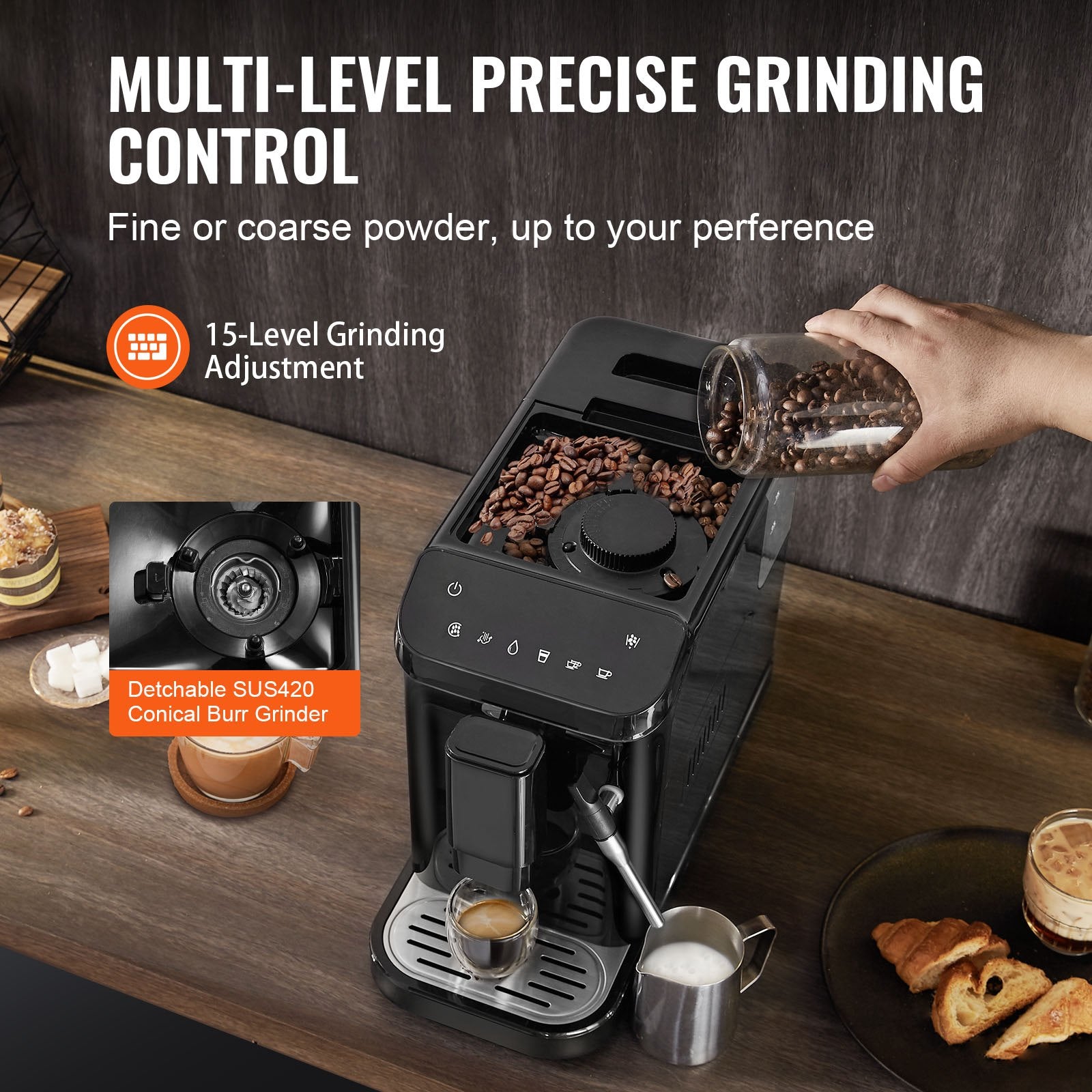 Automatic Espresso Machine 20Bar W/ Frother Steam Wand & 15 Grinding Level