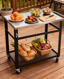 2-Tier Outdoor Grill Cart With Stainless Steel Top, Locking Wheels & Tool Hooks, Movable BBQ Prep Table With Mesh Shelf, Rolling Serving Bar Cart For Patio, Backyard, Pizza Oven Stand, Black