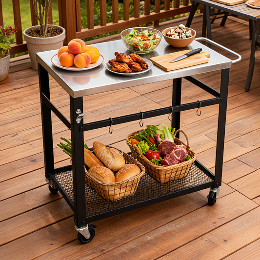 2-Tier Outdoor Grill Cart With Stainless Steel Top, Locking Wheels & Tool Hooks, Movable BBQ Prep Table With Mesh Shelf, Rolling Serving Bar Cart For Patio, Backyard, Pizza Oven Stand, Black