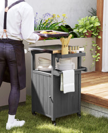 Outdoor Grill Cart with Stainless Steel Top, Solid Wood Outdoor Kitchen Island with Wheels, Integrated Hole, Dark Gray