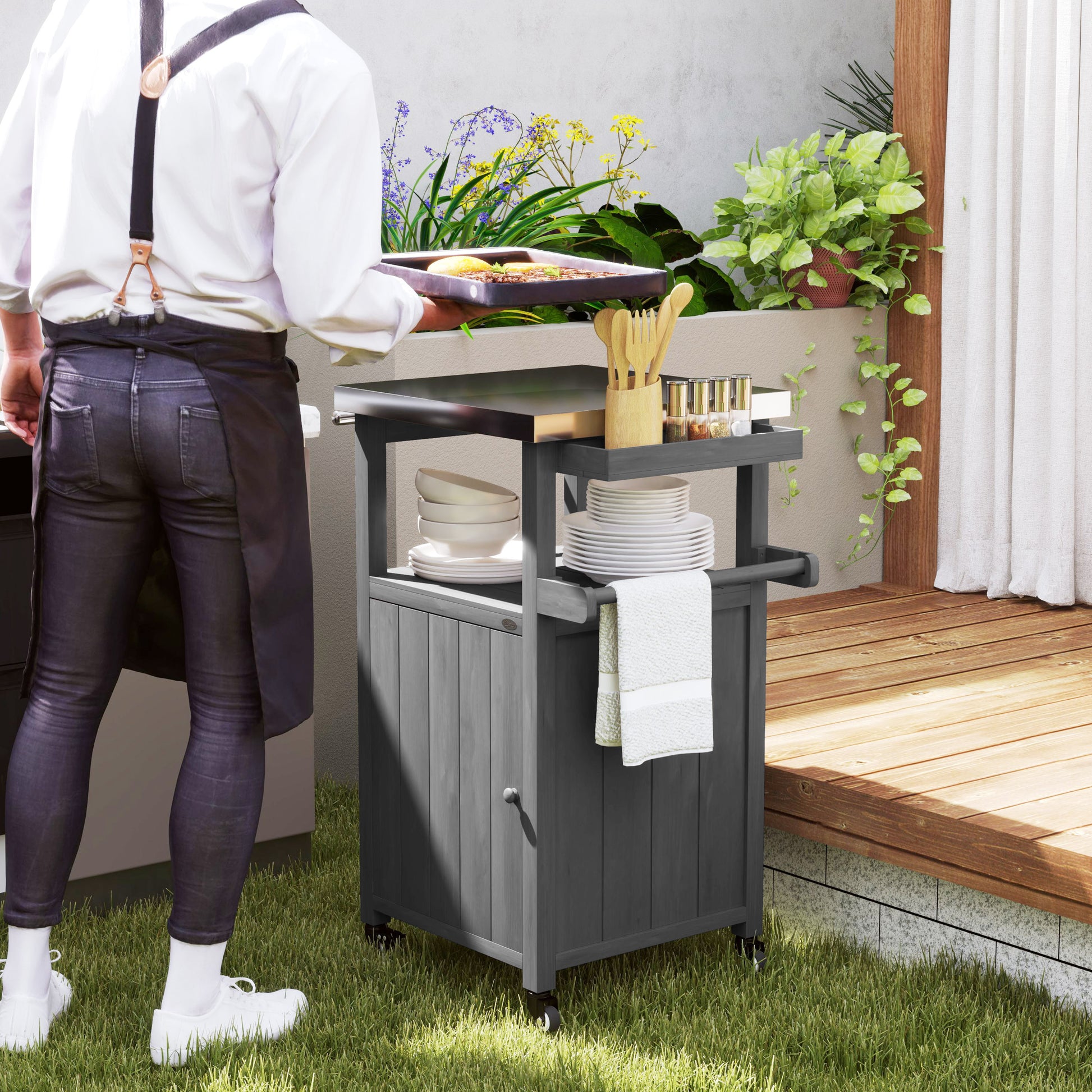 Outdoor Grill Cart with Stainless Steel Top, Solid Wood Outdoor Kitchen Island with Wheels, Integrated Hole, Dark Gray