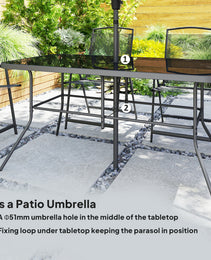 8 Piece Outdoor Dining Set, Patio Furniture Set with Umbrella, 6 Folding Chairs, Rectangle Table and Mesh Seat, Black