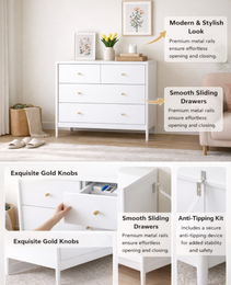White 4-Drawer Kids Dresser, Wooden Storage Cabinet For Toddler Bedroom, Nursery, Closet, Baby Nightstand Organizer For Living Room Or Apartment, 35.4  Wide