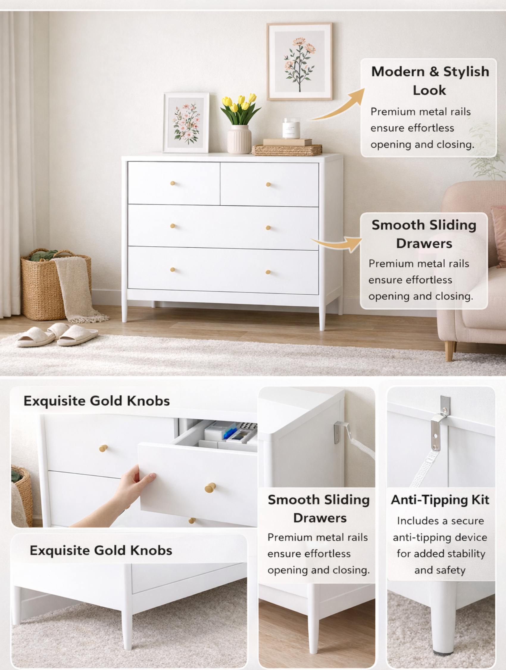 White 4-Drawer Kids Dresser, Wooden Storage Cabinet For Toddler Bedroom, Nursery, Closet, Baby Nightstand Organizer For Living Room Or Apartment, 35.4  Wide