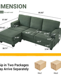 86'' L Shaped Couch With Armrest Organizer,3 Seats Sofas With Movable Ottoman,Comfy Sectional Sofa With Thick Cushion,Linen Sectional Couches For Living Room,Bedroom,Apartment,Dark Green
