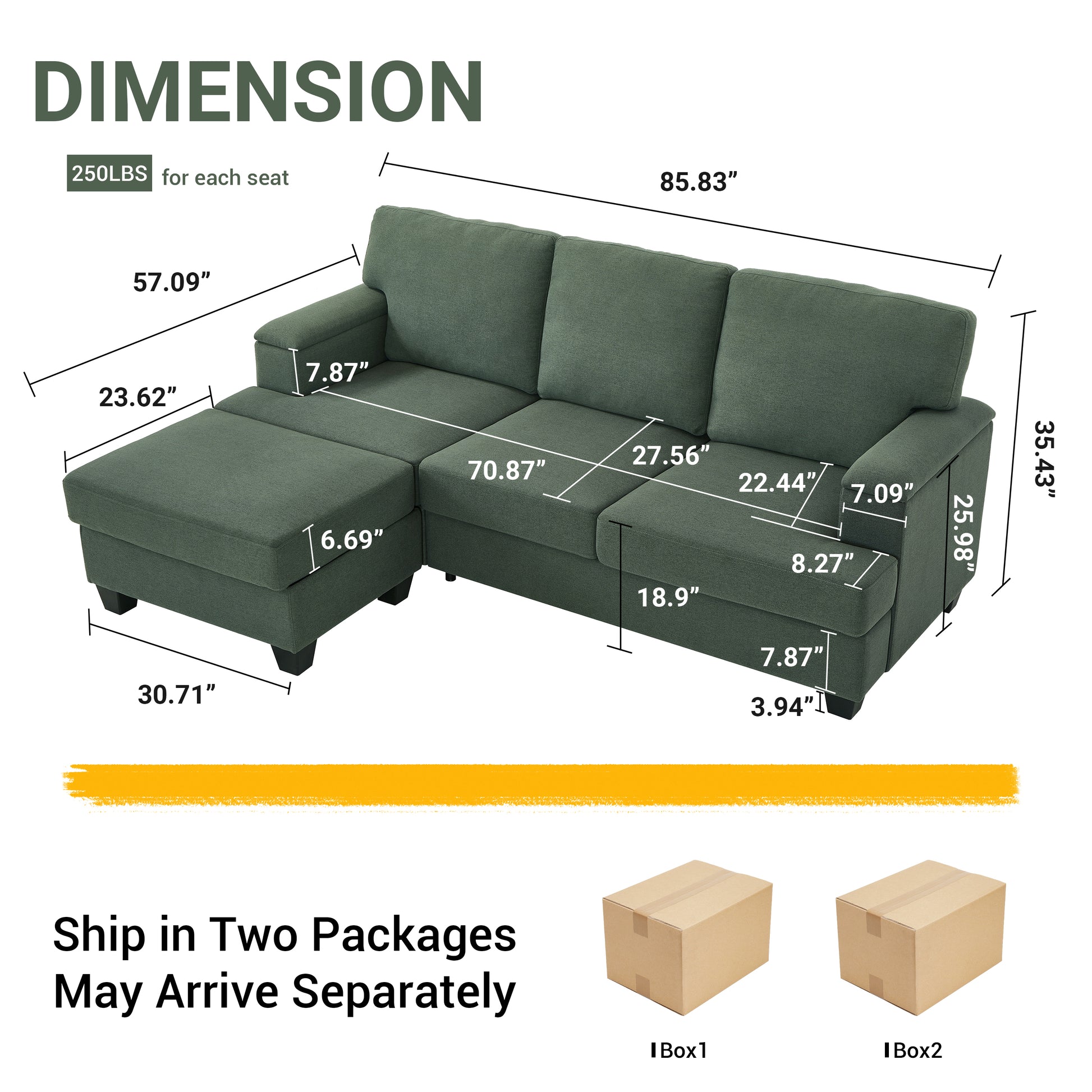 86'' L Shaped Couch With Armrest Organizer,3 Seats Sofas With Movable Ottoman,Comfy Sectional Sofa With Thick Cushion,Linen Sectional Couches For Living Room,Bedroom,Apartment,Dark Green